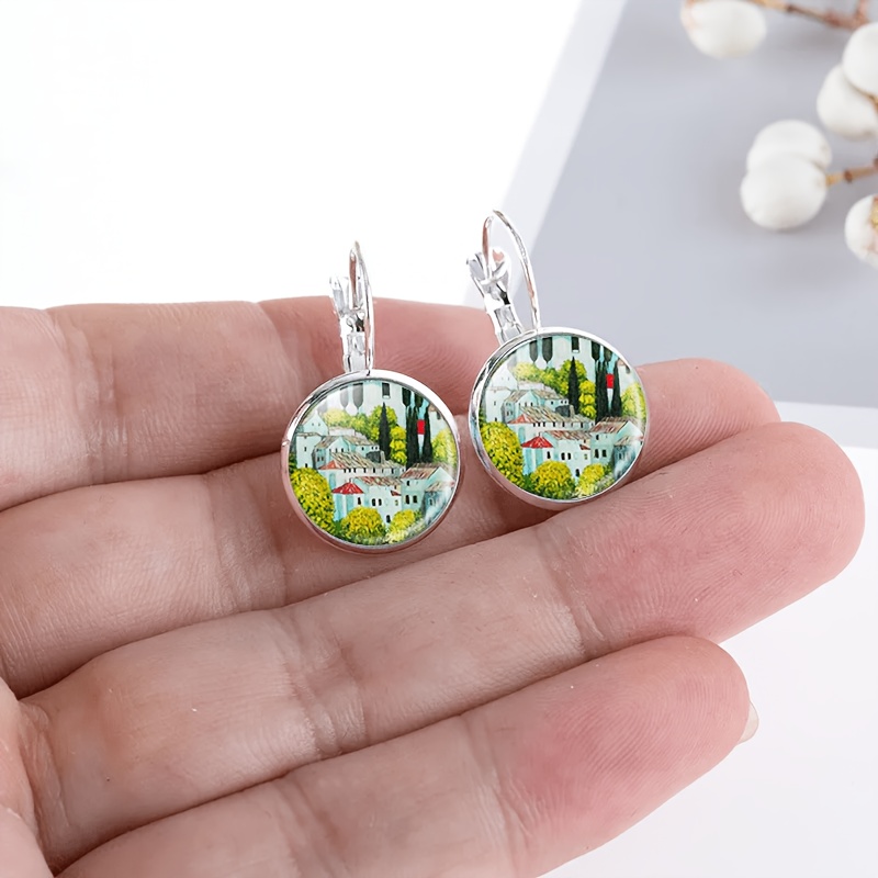 2pcs Set of Round Glass Inlaid Base Earrings, Exquisite White Design